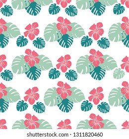 Seamless pattern with monstera leaves and hibiscus flowers. Tropical background. Design for banner, poster, textile, print.