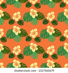Seamless pattern with monstera leaves and hibiscus flowers. Tropical background. Design for banner, poster, textile, print.