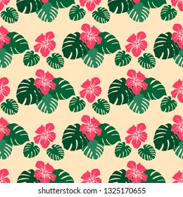 Seamless pattern with monstera leaves and hibiscus flowers. Tropical background. Design for banner, poster, textile, print.