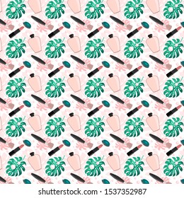 Seamless pattern with monstera leaves, lipstick, perfume, eyeshadow and makeup brush. Idea for covers, corporate style, advertising