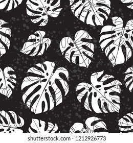 Seamless pattern with monstera leaves on dark texture background. Vector monochrome illustration. Hand-drawn leaf silhouettes.