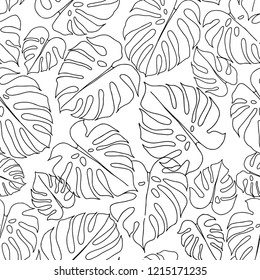 Seamless pattern with monstera leaves on white background. Vector monochrome illustration. Hand-drawn lleaf outlines.