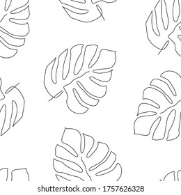 Seamless pattern with monstera leaves on white background. Perfect for textile fabric print, wrapping, wallpapers, etc. Hand drawn line art botany illustration.