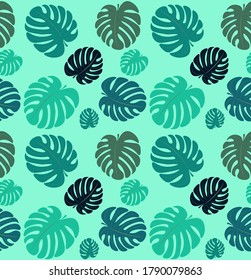 Seamless pattern with monstera leaves on a green background. Fresh bright repeating pattern for interior design, wallpaper, paper, fabric, background.