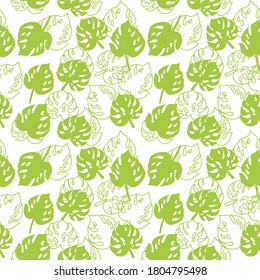 Patrón sin foco, hojas de monstera sobre un fondo blanco. Ilustración vectorial, idea para el diseño de embalajes, textiles. Diseño de color de dibujos animados planos, cepa 10.