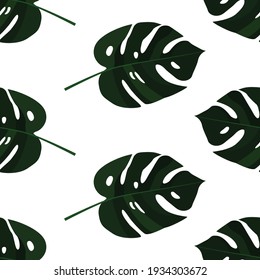 Seamless pattern with monstera leaves on a transparent background. Vector flat image of elements of wildlife, flora. Design for cards, posters, backgrounds, substrates, textiles, templates.