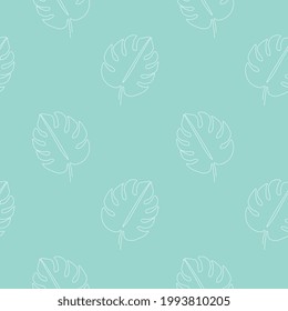 Seamless pattern with monstera leaves on blue background. Continuous one line drawing palm leaf. White line art on blue background.