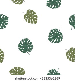 Patrón sin foco con hojas de monstera sobre un fondo blanco. Ilustración dibujada a mano con hojas.
