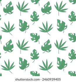 Seamless pattern with monstera leaves on a white background.