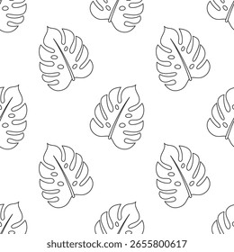 padrão sem costura com folhas monstera no fundo branco, esboço ilustração vetor plana