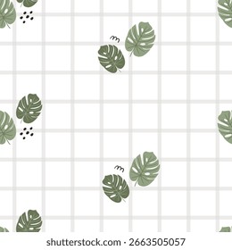 Padrão sem emenda com folhas monstera em um fundo xadrez branco. Pode ser usado para papel de parede, têxtil, embalagem.