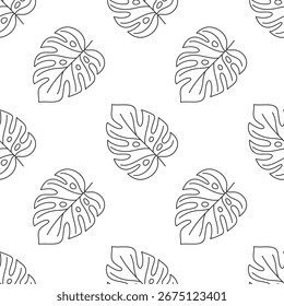 seamless pattern with monstera leaves on white background, outline flat vector illustration