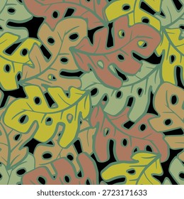 Seamless pattern with monstera leaves on black background. Vector illustration.