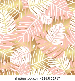 Seamless pattern with monstera leaves in pastel colors. Boho foliage botanical tropical leaves and floral pattern design.