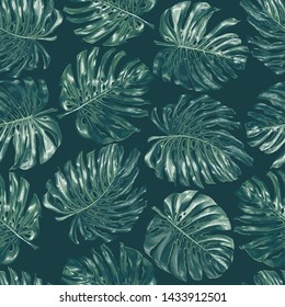 Seamless pattern with monstera leaves in realistic style and high details. Trendy summer background for pattern, wallpaper, fabric, wrapping paper, t-shirt or clothes design, poster, gift card.