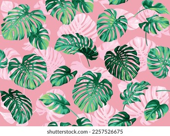 Seamless pattern with monstera leaves in realistic style. Tropical plants. Vector botanical illustration. Foliage background for wallpaper, textile, wrapping paper and greeting card.