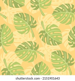 Seamless pattern with monstera leaves for textile design. Summer background in bright colors. Hand-drawn trendy vector illustration.