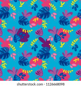 Seamless pattern with monstera leaves and tropical plants, cartoon flat style and bright palette, vector illustration