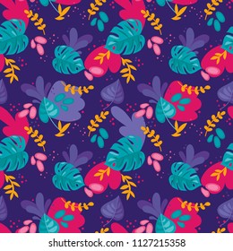 Seamless pattern with monstera leaves and tropical plants, cartoon flat style and bright palette, vector illustration