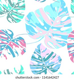 Seamless pattern with monstera leaves. Tropical background in light tones. Summer textile print