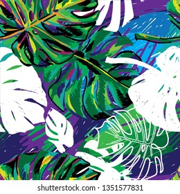 
Seamless pattern with monstera leaves. Tropical plants. A set of images. Multicolored drawing.