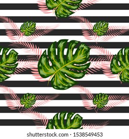 Seamless pattern of monstera leaves. Tropical leaves on hand drawn ink stripes. graphic design.