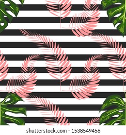 Seamless pattern of monstera leaves. Tropical leaves on hand drawn ink stripes. graphic design.