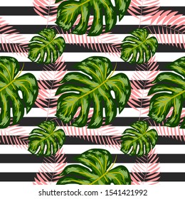 Seamless pattern of monstera leaves. Tropical leaves on hand drawn ink stripes. graphic design.