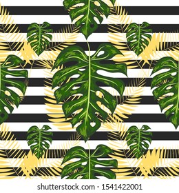 Seamless pattern of monstera leaves. Tropical leaves on hand drawn ink stripes. graphic design.