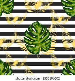 Seamless pattern of monstera leaves. Tropical leaves on hand drawn ink stripes. graphic design.