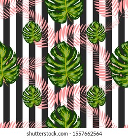 Seamless pattern of monstera leaves. Tropical leaves on hand drawn ink stripes. graphic design.