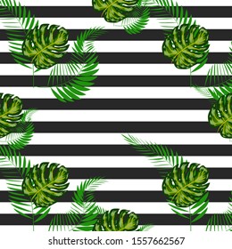 Seamless pattern of monstera leaves. Tropical leaves on hand drawn ink stripes. graphic design.