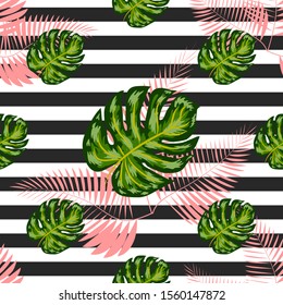 Seamless pattern of monstera leaves. Tropical leaves on hand drawn ink stripes. graphic design.