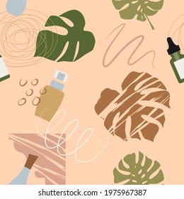 Seamless pattern, monstera leaves and tropical plants, abstract shapes. Vector illustration in a flat style.