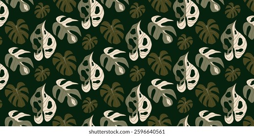 Seamless pattern with Monstera leaves. Tropical exotic dark background with green and beige foliage. Modern vector illustration in flat style for fashion prints, textile, wallpaper, interior design