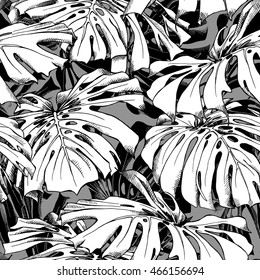 Seamless pattern with a Monstera leaves. Vector black and white illustration.