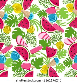 Seamless pattern with monstera leaves watermelon and ice cream for printing on fabric paper decoration of products and packages