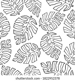seamless pattern with monstera leaves.minimalistic tropical pattern ,hand-drawn vector illustration