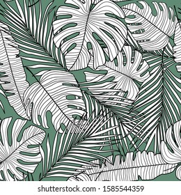 Seamless pattern with monstera line leaves on green background. Tropical pattern, botanical leaf wallpaper. Simple design for fabric, textile print, wrapping paper. Vector illustration