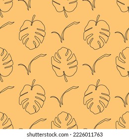 Seamless pattern with monstera on yellow background. Boho style. 