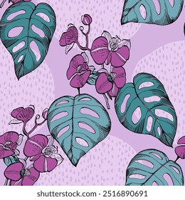Patrón sin fisuras con monstruos y orquídea. Fondo dibujado a mano estilo ornamento exótico tropical. Ilustración detallada, dibujado a mano. Ideal para tela y textil, estampados, invitación.