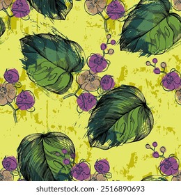 Patrón sin fisuras con monstruos y orquídea. Fondo dibujado a mano estilo ornamento exótico tropical. Ilustración detallada, dibujado a mano. Ideal para tela y textil, estampados, invitación.