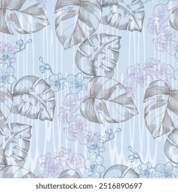 Seamless Pattern with monstera and orchid. Tropical exotic ornament style hand drawn background. Detailed illustration, hand drawn. Great for fabric and textile, prints, invitation.