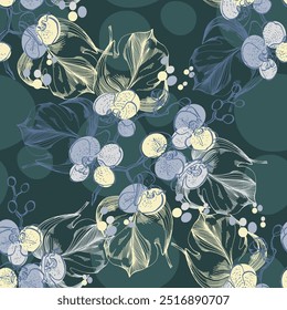 Padrão sem costura com monstera e orquídea. Tropical estilo ornamento exótico mão desenhado fundo. Ilustração detalhada, desenhada à mão. Ótimo para tecidos e têxteis, estampas, convite.