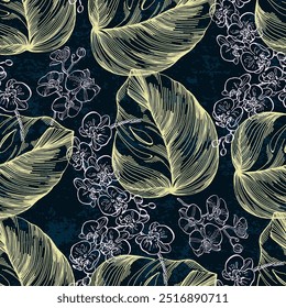 Seamless Pattern with monstera and orchid. Tropical exotic ornament style hand drawn background. Detailed illustration, hand drawn. Great for fabric and textile, prints, invitation.