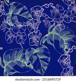 Nahtloses Muster mit Monstera und Orchidee. Tropische exotische Ornament Stil handgezeichneter Hintergrund. Detaillierte Abbildung, handgezeichnet. Ideal für Stoff und Textilien, Prints, Einladung.