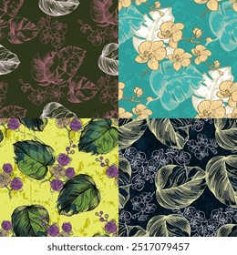 Seamless Pattern with monstera and orchid. Tropical exotic ornament style hand drawn background. Detailed illustration, hand drawn. Great for fabric and textile, prints, invitation.