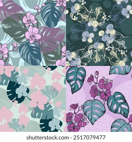 Padrão sem costura com monstera e orquídea. Tropical estilo ornamento exótico mão desenhado fundo. Ilustração detalhada, desenhada à mão. Ótimo para tecidos e têxteis, estampas, convite.