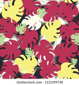 Seamless pattern with monstera palm leaves on dark background.  Summer vector tropical design. An exotic rich color texture for fabric, home, decor & more. 