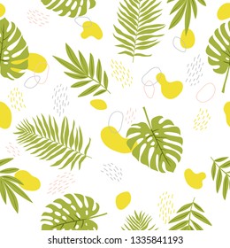 seamless pattern with monstera and palm leaves on white background. simple summertime seamless pattern with plants and abstract elements